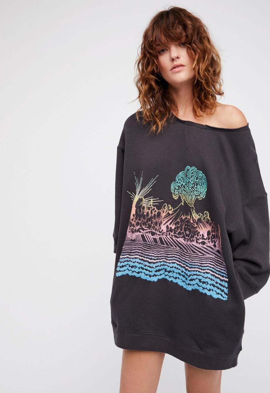 Free People Womens S Embroidered Boho Graphic Oversized Sweatshirt Tunic Black